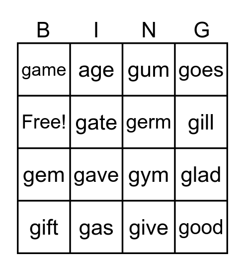 Hard G Soft G Bingo Card