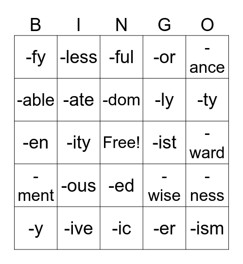 Suffixes Bingo Card