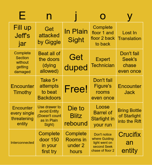 Doors Bingo List Bingo Card