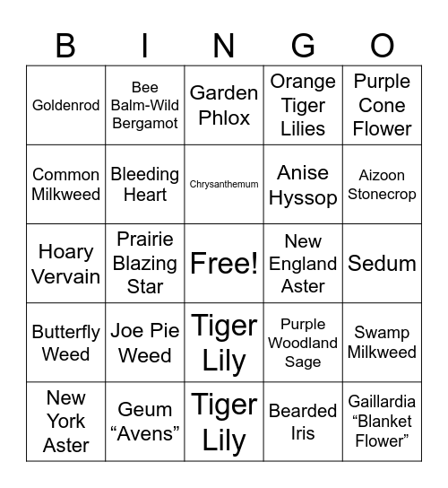 North Park's Pollinator Friendly Flowers Bingo Card