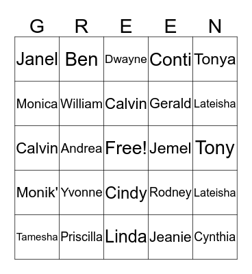 Green Family Reunion Bingo Card