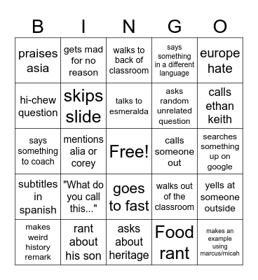 Mr. Kenyon Bingo Card