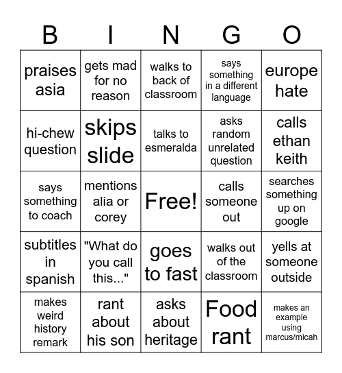 Mr. Kenyon Bingo Card