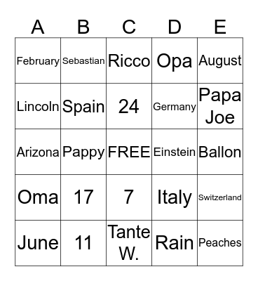 The Johnson/Dammer/Hill/Lewis Family Bingo Card