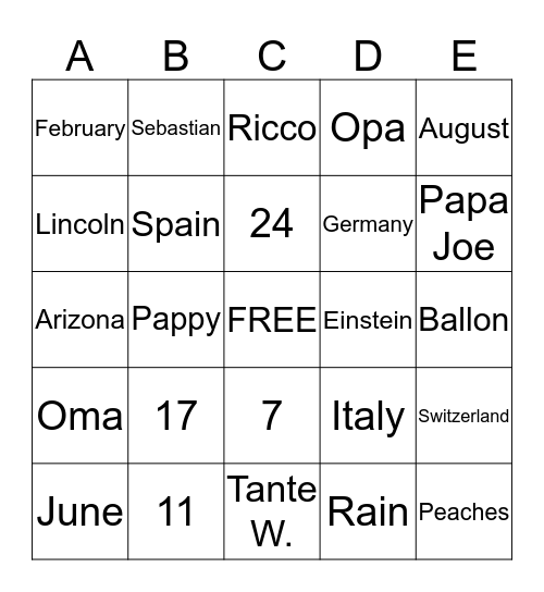 The Johnson/Dammer/Hill/Lewis Family Bingo Card