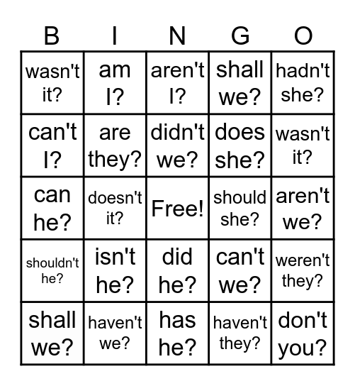 Question Tags Bingo Card