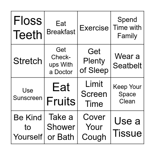 Healthy Habits Bingo Card