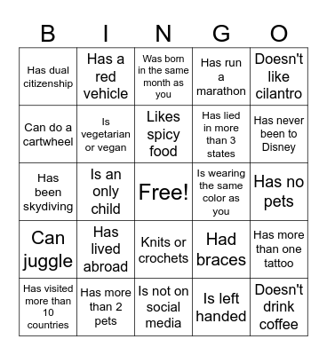 FIND SOMONE WHO... matches the description and write down their name.  First to 5 wins! Bingo Card