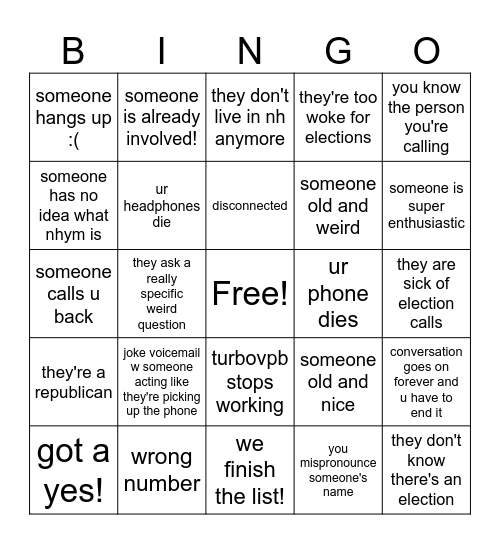 phonebank bingo Card