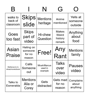 Mr. Kenyon Bingo Card