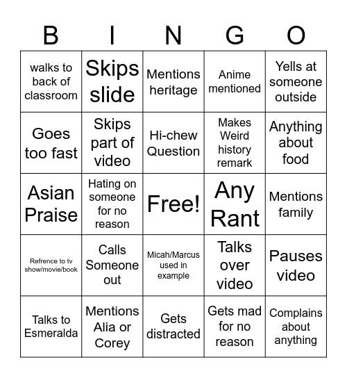 Mr. Kenyon Bingo Card