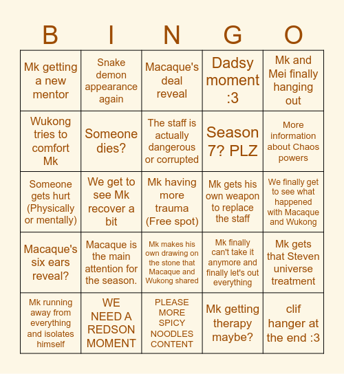 Lego Monkie Kid S6 predictions Bingo Card