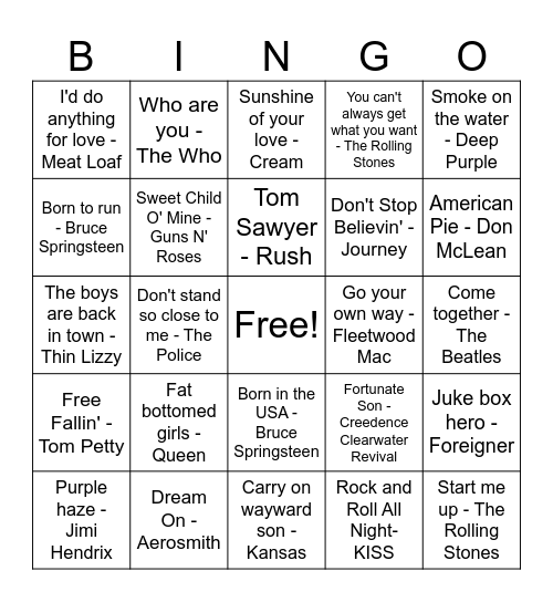 Classic Rock Anthems Bingo Card