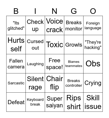Gamer rage bingo Card