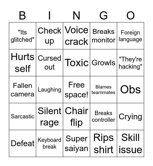 Gamer rage bingo Card