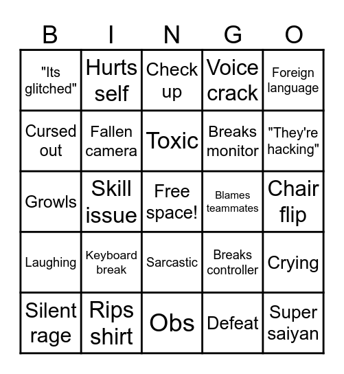 Gamer rage bingo Card