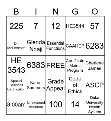 Student Handbook BINGO Card