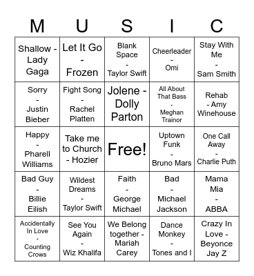Pop Music Bingo Card