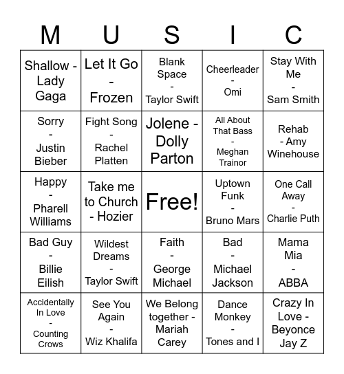 Pop Music Bingo Card