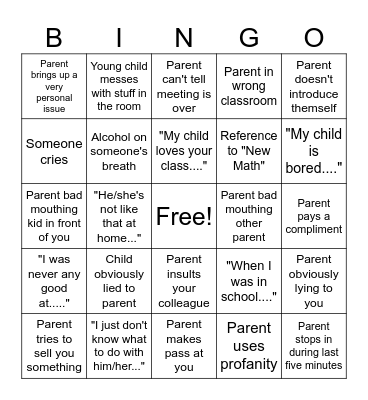 Parent Teacher Conference Bingo Card