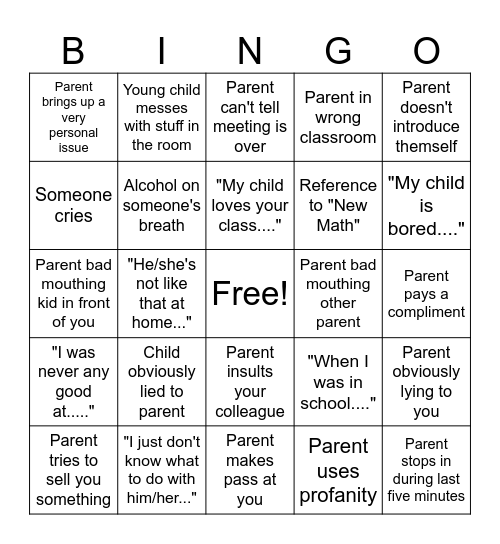 Parent Teacher Conference Bingo Card