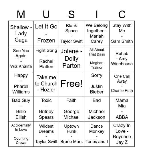 Pop Music Bingo Card