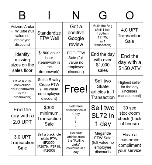 Downtown Adidas Bingo Card