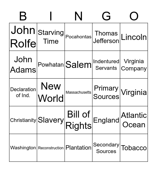 US History - Review Terms Bingo Card