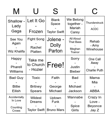 Pop Music Bingo Card
