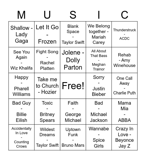 Pop Music Bingo Card