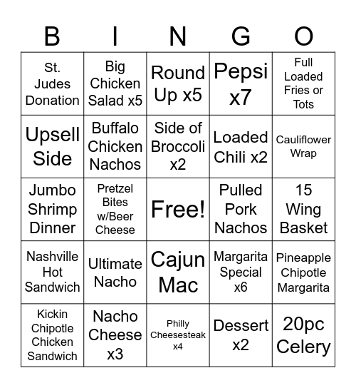 Server / Bartender BINGO Card