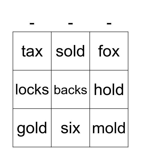 -x, -cks, -old | BINGO Card