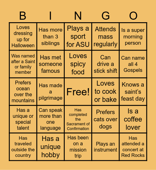 Catholics on Campus Bingo Crush Bingo Card