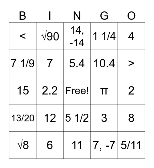 Real Numbers Bingo Card