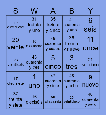 Español número Bingo Card
