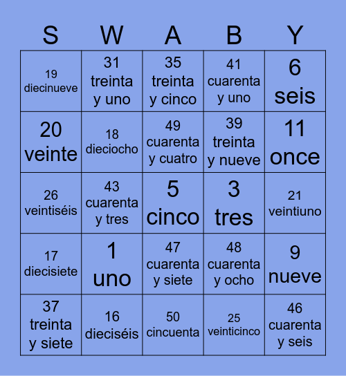 Español número Bingo Card