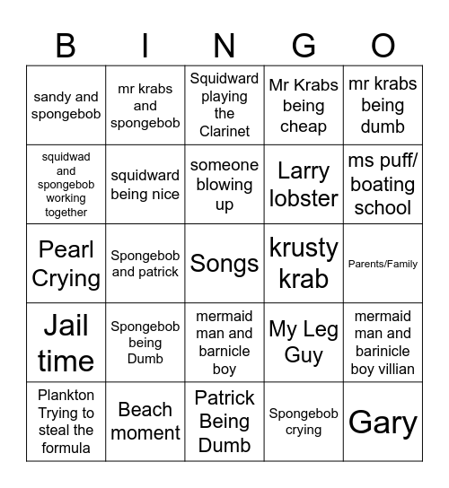 Spongebob Bingo Card