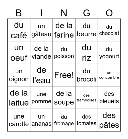 les aliments Bingo Card