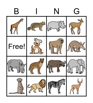 African Animals Bingo Card