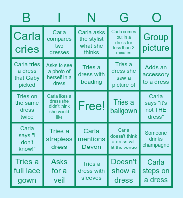 Carla's Wedding Dress Shopping Bingo Card