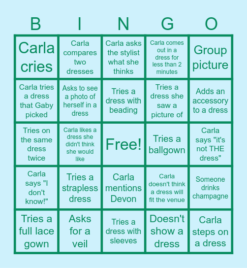 Carla's Wedding Dress Shopping Bingo Card