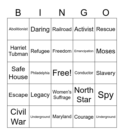 Harriet Tubman Bingo Card