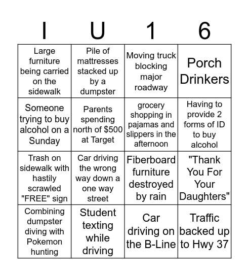 IU Move In Bingo Card