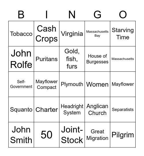 Virginia and New England Colonies Bingo Card