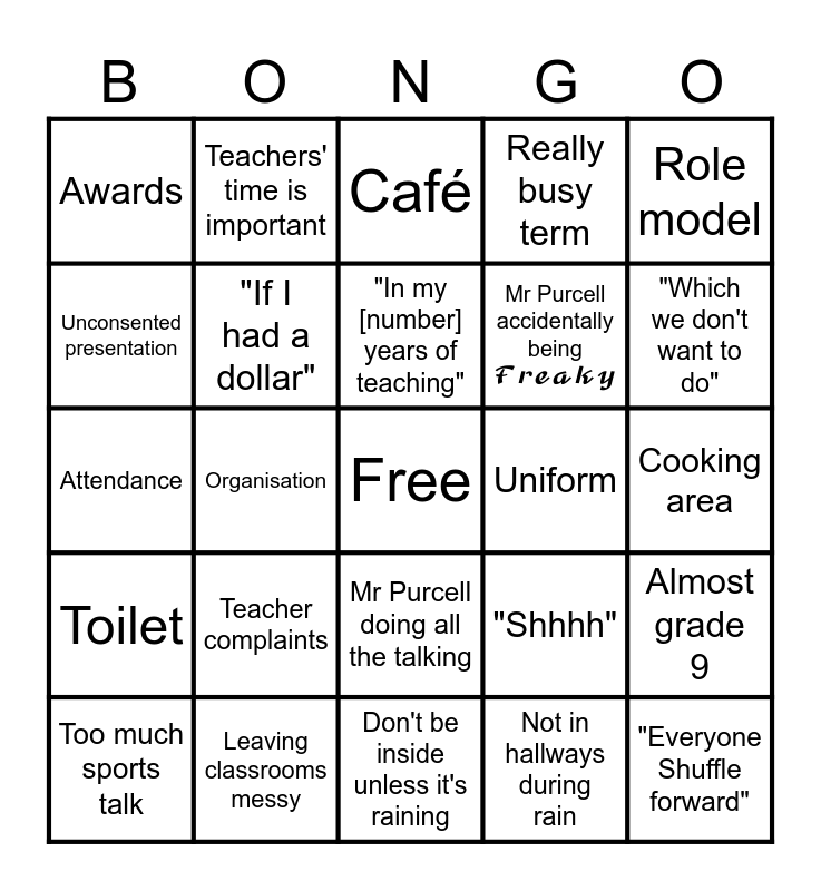 Assembly Bongo Bingo Card