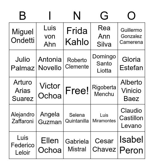 Historical Hispanic Figures Edition Bingo Card