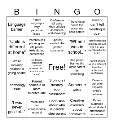 Parent/Teacher Bingo Card