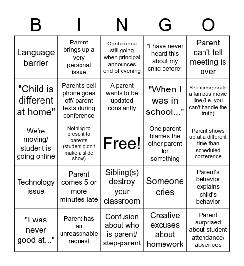 Parent/Teacher Bingo Card