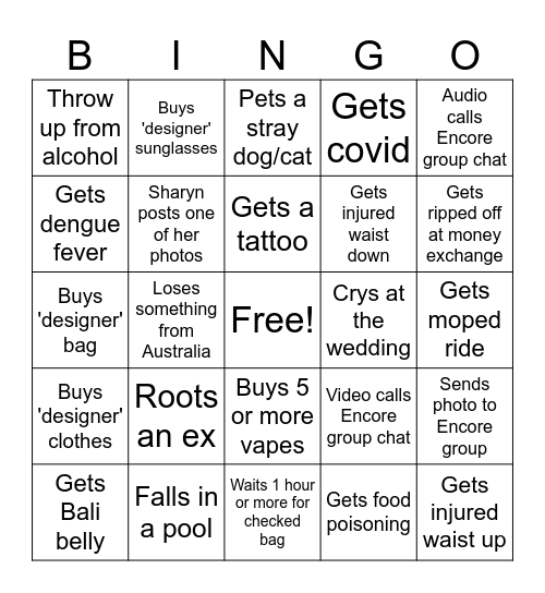 Gemma's Bali Bingo Card