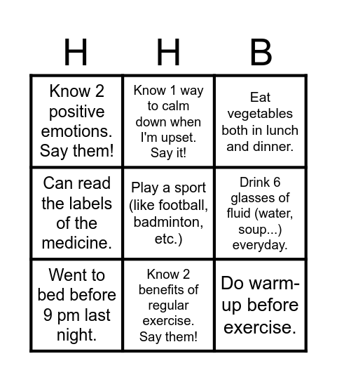 Healthy Habits Bingo Card